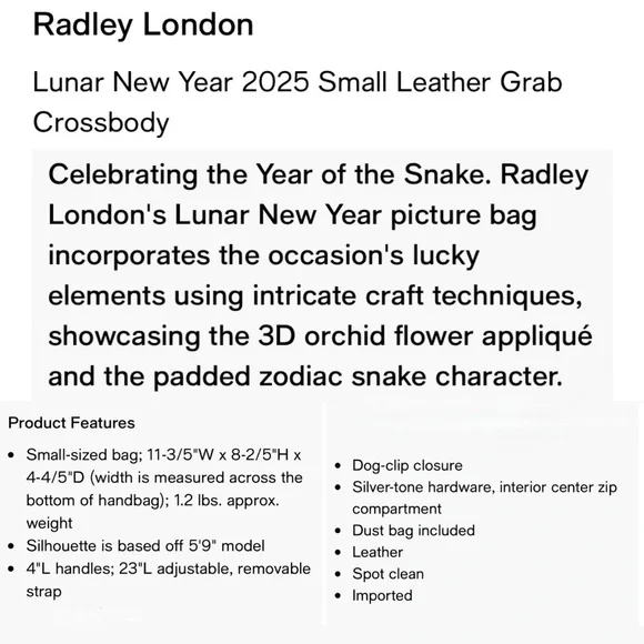 RADLEY London Red LUNAR NEW YEAR 2025 3D Flower Snake Zip Top Grab Crossbody Bag - Picture 16 of 16